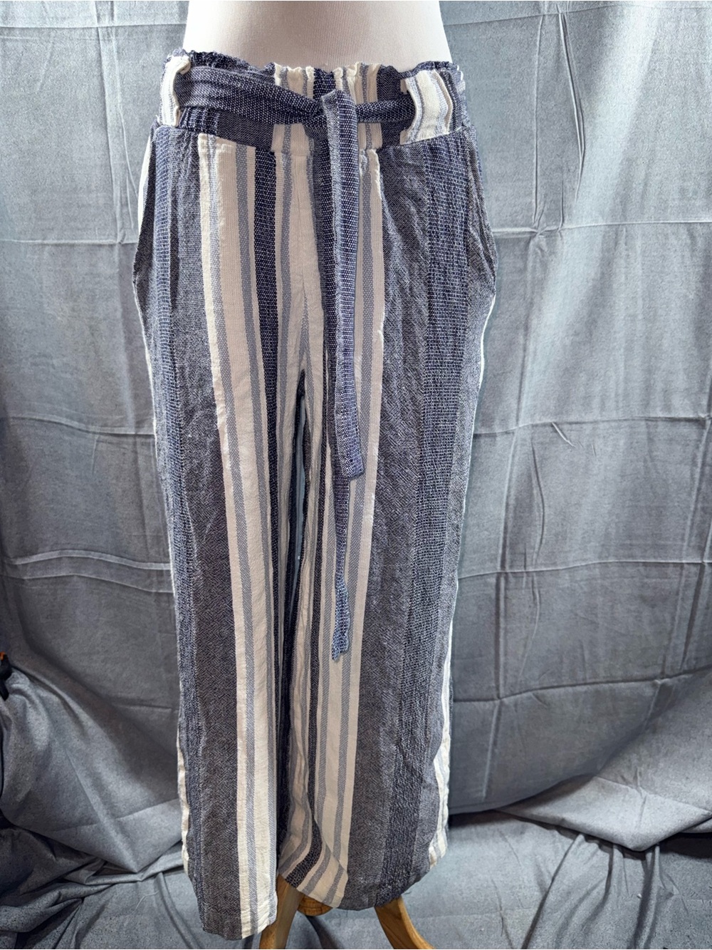 2712-Blue Rein Striped Drawstring Wide-Leg Pants - Blue & White